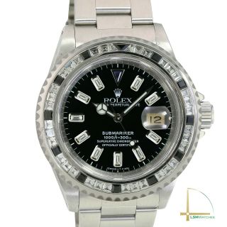 Mens Rolex Submariner 40mm Steel Watch Black Baguette Dial & Black Diamond Bezel