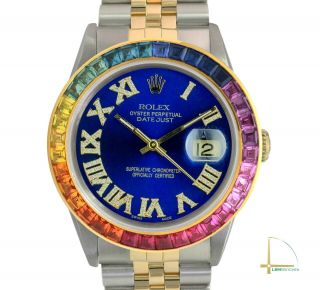Rolex Datejust Watch 18ky & Ss Blue Diamond Roman Rainbow Bezel Jubilee 36mm