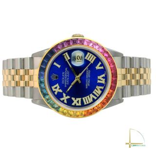 Rolex Datejust Watch 18KY & SS Blue Diamond Roman Rainbow Bezel Jubilee 36mm 2