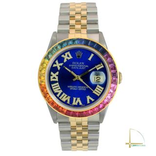 Rolex Datejust Watch 18KY & SS Blue Diamond Roman Rainbow Bezel Jubilee 36mm 3