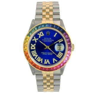 Rolex Datejust Watch 18KY & SS Blue Diamond Roman Rainbow Bezel Jubilee 36mm 4