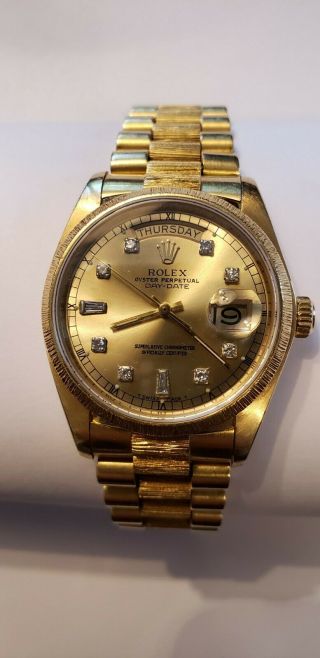 Mens Rolex 36mm Day - Date President 18k Yellow Gold Watch Bark Champagne Diamond
