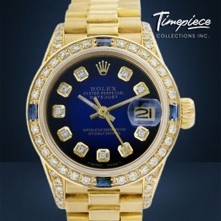 Rolex Watch Ladies Solid 18k Gold Blue Diamond Dial Bezel W Sapphires 69178
