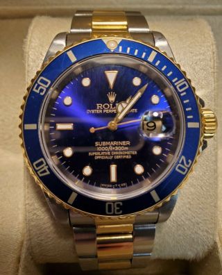 Rolex Submariner Date Blue Two Tone 18 K Gold Men 