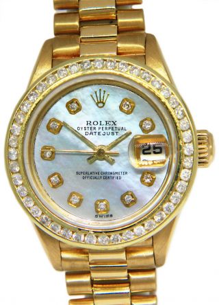 Rolex Datejust President 18k Yellow Gold Mop Diamond Ladies 26mm Watch 69178