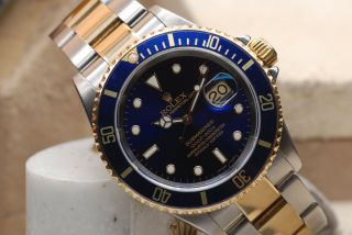 Rolex 18k/ss Blue Submariner Box & Papers 16613 " No Case Holes " 9/10 Year 2000 