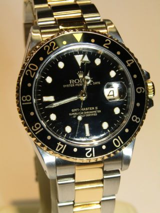 Rolex Gmt - Master Ii 18k Yellow Gold Stainless Steel Oyster Black Watch 16713