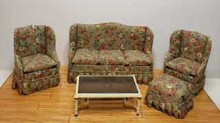 Dollhouse Miniature Living Room Furniture Sofa 2 Chairs Ottoman Coffee Table