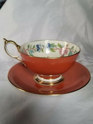 Aynsley Fine English Bone China Tea Cup & Saucer Rust Red Gold Bird Flowers