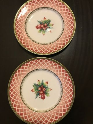 Fitz And Floyd Winter Holiday Rose Wreath Salad Plates Set Of Two 9 1/4 "