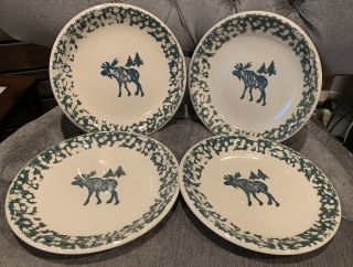 - Set Of 4 Folk Craft North Country " Moose " Dinner Plates 10 " Green Sponge
