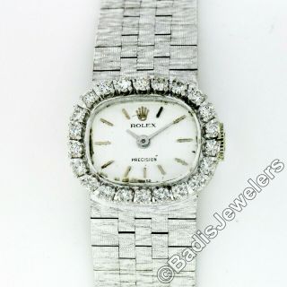 Rolex Precision 18k White Gold Diamond Bezel 18mm Cushion Hand Wind Wrist Watch