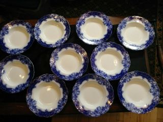 Set Of 10 9 " Bowls Henry Alcock Manhattan Flow Blue & Gold Semi Porcelain C1900