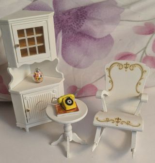 Lundby Dollhouse Furniture:,  Rocking Chair,  Hutch,  Table,  Phone,  Phone Book.