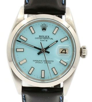 Mens Vintage Rolex Oyster Perpetual Date 34mm Blue Dial Stainless Steel Watch