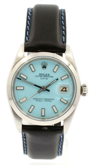 Mens Vintage ROLEX Oyster Perpetual Date 34mm Blue Dial Stainless Steel Watch 2