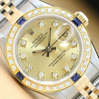 Ladies Rolex Datejust Factory Diamond Dial 18k Gold Sapphire Bezel & Steel Watch