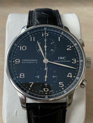 Iwc Portuguese Chronograph Stainless Model 3714 41mm Croc Strap 79350 Black Dial