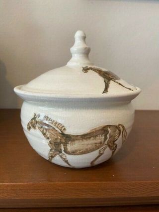 Vintage Hand Thrown Studio Art Lidded Pottery Bowl W/horse Design Signed Euc
