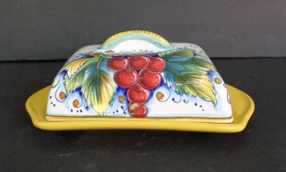 Vintage Hand Painted Covered Butter Dish Deruta Made In Italy " Gialletti Giucio "