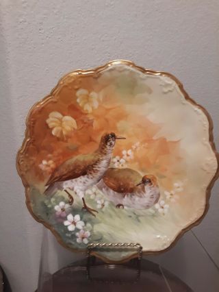 Antique Limoges France Plate Wall Hp Porcelain Bird Game Ak Fall Quail Signed