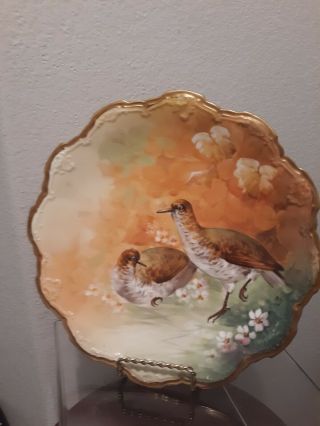 Antique Limoges France Plate Wall Hp Porcelain Bird Game Fall Quail Gold Signed