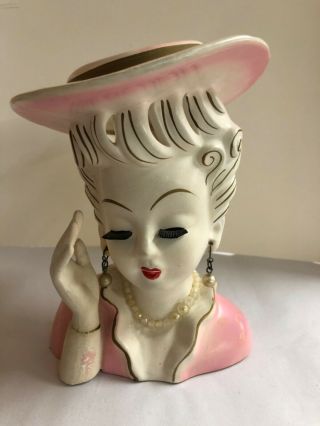 Vintage Lady Head Vase Mae West Figure Pink Dress 6”