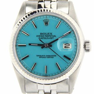 Rolex Datejust Mens Stainless Steel 18k White Gold Watch W/ Turquoise Blue Dial