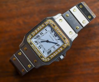 Vintage Cartier Santos Galbee Stainless Steel 18k Automatic Watch Diamond Bezel