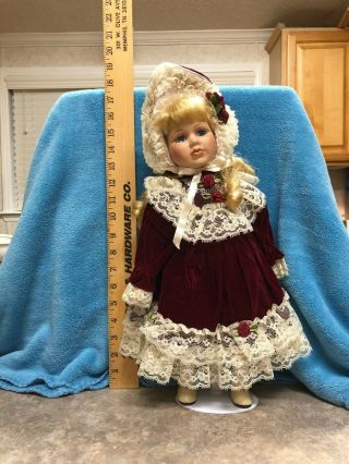 Blonde Curly Haired Seymour Mann Porcelain Doll W/ Red Velvet Dress And Bonnet