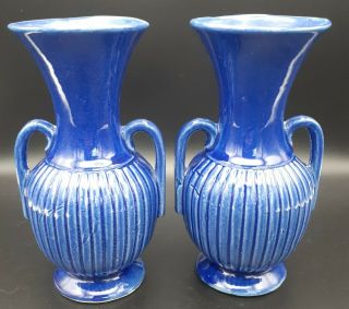 2 Vintage Mccoy Usa Pottery Double Handled Ceramic Urn Style Blue Vase 1950 