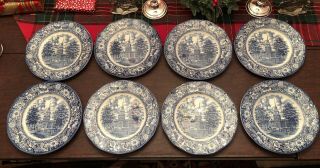 Liberty Blue Staffordshire Ironstone Set Eight 8 Dinner Plates Independence Hall