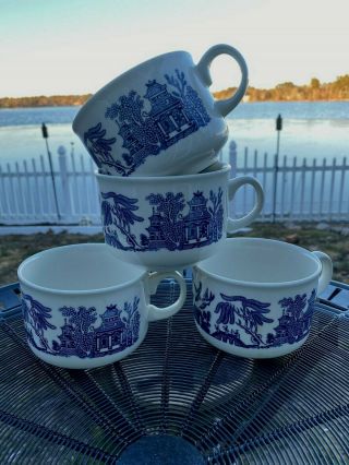 Set Of 4 Churchill England Blue Willow 3 " Breakfast Cup Large Soup Mugs In Ex Cd