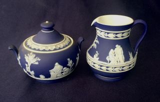 Vintage Wedgwood Jasperware Dark Cobalt Blue Creamer & Sugar Bowl & Lid England