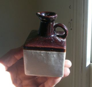 Antique Early 1900 Square Pottery Mini Jug With Pour Spout 4 1/4 " Tall Stoneware