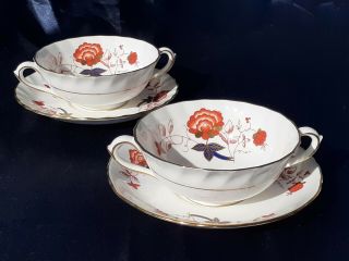 2 Royal Crown Derby Bali (ely - Chelsea) Cream Soup Bowl And Saucer