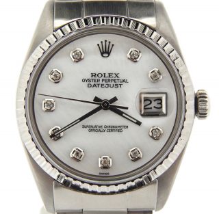 Rolex Datejust Mens Stainless Steel Watch Oyster W/ White Mop Diamond Dial 1603
