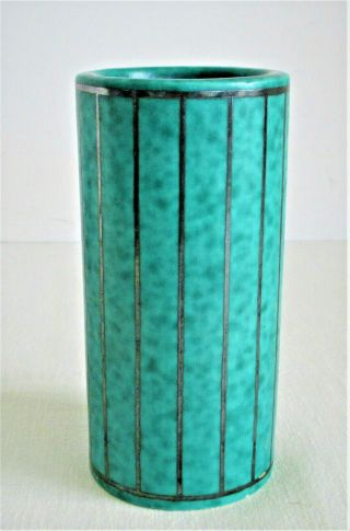 Gustavsberg Argenta Vertical Stripe Vase Silver Overlay Swedish Art Pottery Wilh