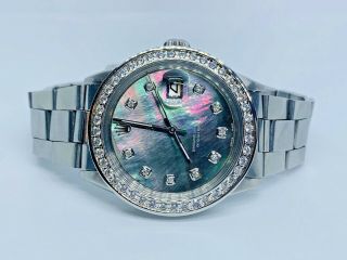 Mens Rolex Oyster Perpetual Date 34mm Black Mother Of Pearl Dial Diamond $8500