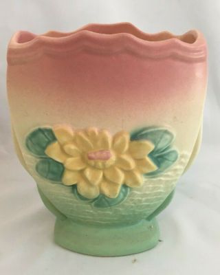 Vintage Hull L6 Art Pottery 6 1/2 " Water Lily Pillow Vase Pink Green Yellow