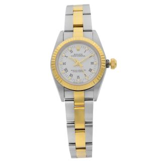 Rolex Oyster Perpetual 26mm 18k Gold Steel White Roman Dial Ladies Watch 76193