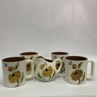 Set Of 5 Vintage Stangl Pottery Hand Painted Floral Coffee Tea Cups & Creamer