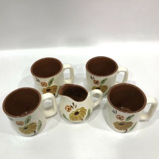 Set of 5 Vintage Stangl Pottery Hand Painted Floral Coffee Tea Cups & Creamer 2
