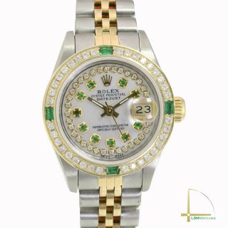 Rolex Lady Datejust Watch 26mm Two - Tone White Mop Dial W Diamond & Emerald 69173
