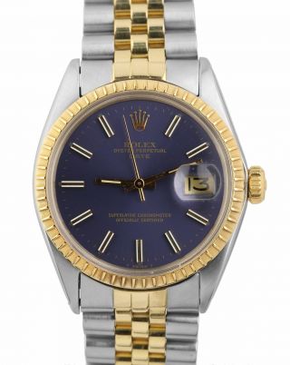 Vintage 1978 Rolex Date 1505 34mm Blue 14k Yellow Gold Steel Two Tone Watch