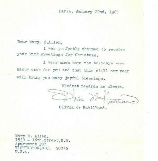 Olivia De Havilland Signed Letter 1966 Actress Oscar