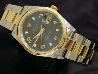 Rolex Date Mens 18k Yellow Gold & Stainless Steel Watch Blue Arabic Dial 15203