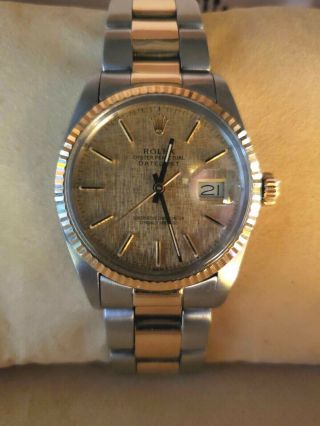 Rolex Datejust Mens Two - Tone Stainless Steel & Yellow Gold Linen Dial 16013