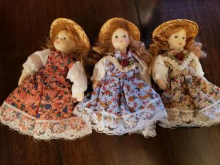3 Vintage 5 Inch Porcelain Dolls Prairie/country With Straw Hats