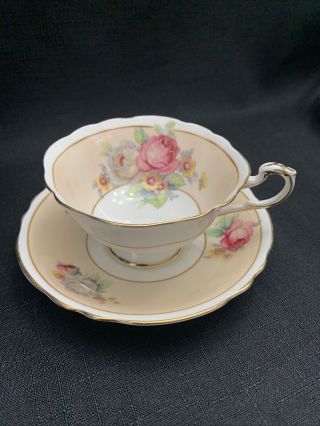 Wow Paragon Cup And Saucer Peach,  Gold Trim,  White With Roses And Flowers